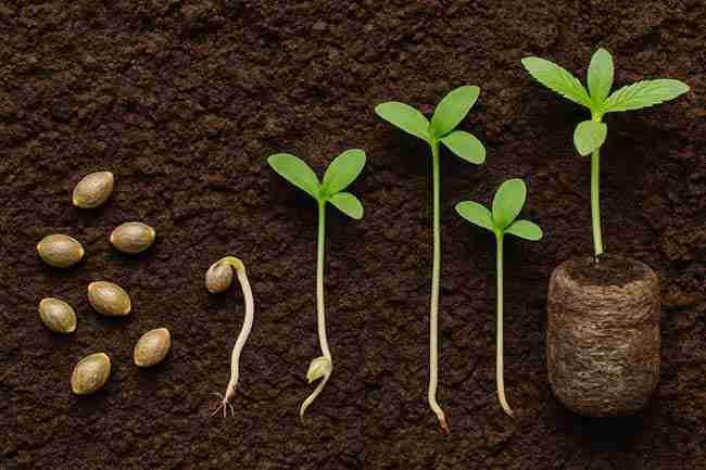 Horizontal photo showing cannabis seeds progressing into seedlings at different early growth stages on dark soil, highlighting viability testing.