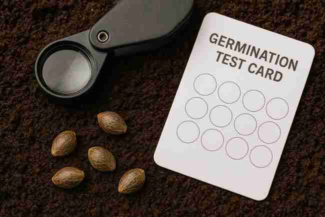 Horizontal close-up photo of cannabis seeds placed on dark soil beside a magnifying loupe and germination test card used for seed viability checks.
