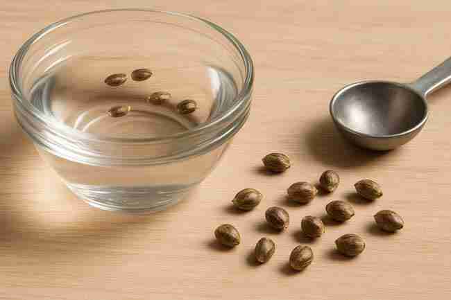 Horizontal photo of cannabis seeds in a glass bowl of water with seeds scattered nearby and a metal measuring spoon, showing viability testing method.