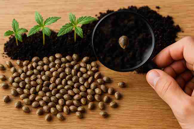 Horizontal photo of a hand using a magnifying glass to inspect cannabis seeds on wood, with green seedlings growing in soil nearby for viability testing.