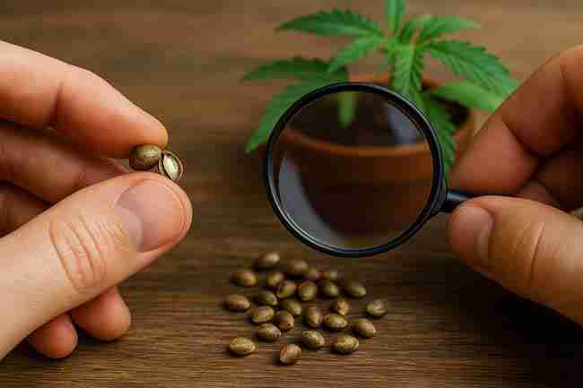 Horizontal close-up photo of hands holding a cracked cannabis seed under a magnifying glass with a cannabis plant blurred in the background.
