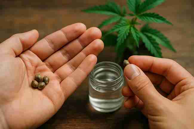 Horizontal photo of cannabis seeds in a glass bowl with water being poured over them, seedlings in background, demonstrating float test for seed viability.