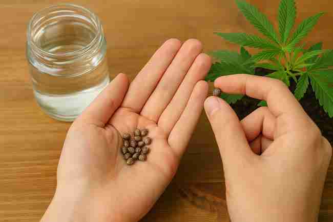 Horizontal close-up photo of hands holding cannabis seeds with a glass jar of water and a cannabis plant nearby, showing proper seed handling and viability care.