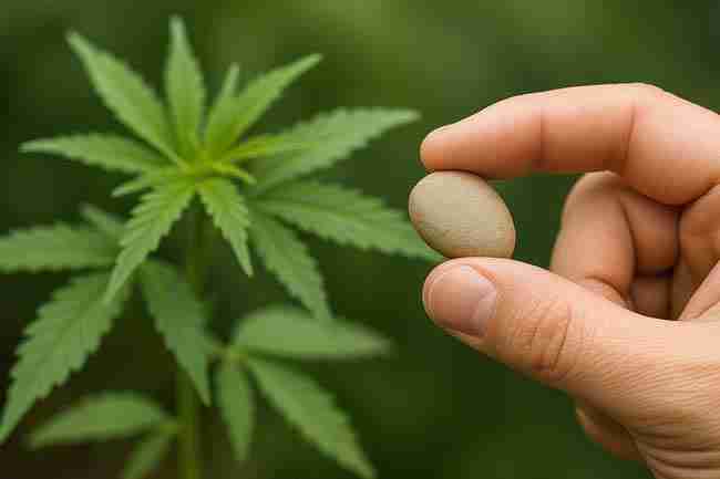 Horizontal close-up photo of a hand holding a pale, unhealthy cannabis seed with a blurred cannabis plant in the background, showing poor seed viability.