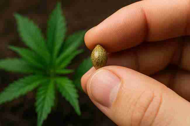 Horizontal close-up photo of a hand holding a healthy cannabis seed with a cannabis plant blurred in the background, illustrating strong seed viability.