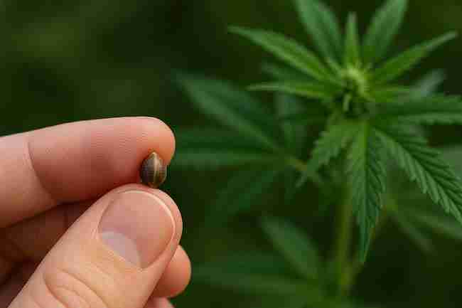 Horizontal close-up photo of a hand holding a dark-brown cannabis seed with a blurred cannabis plant in the background, symbolizing steps to test cannabis seed viability