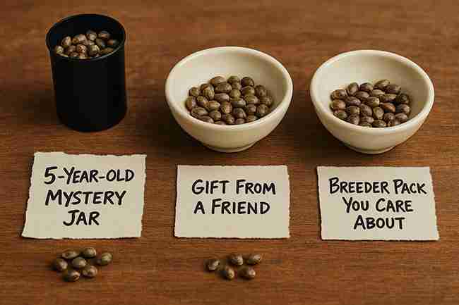 Horizontal photo showing three cannabis seed scenarios: a 5-year-old mystery jar, a gift from a friend, and a breeder pack you care about, each displayed in separate containers for viability testing.