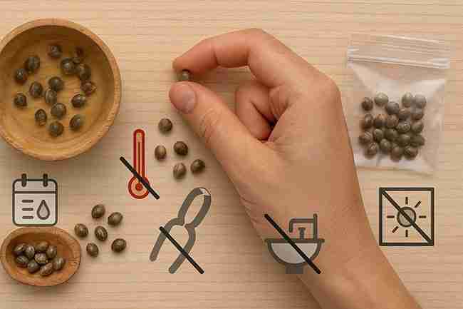 Horizontal photo of cannabis seeds with icons showing mistakes: over-soaking, hot water, crushing seeds, humid rooms, and storing in sunny clear bags.