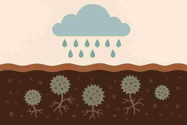 Illustration of mold growth in damp soil with rainfall representing humidity, showing why cannabis plants risk bud rot.