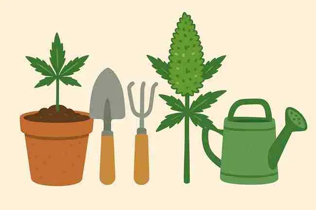 Illustration of cannabis plants with gardening tools and watering can, showing the process of growing mold-resistant cannabis seeds.