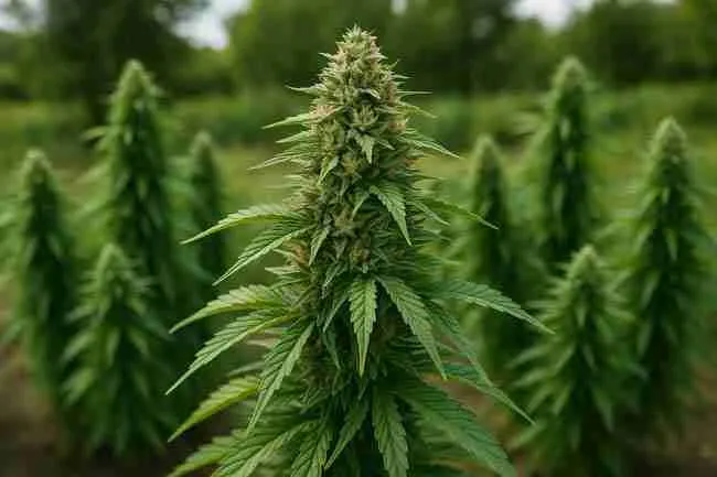 Photograph of a mature cannabis plant with dense buds in a well-maintained outdoor field, symbolizing mold-resistant strain comparisons.