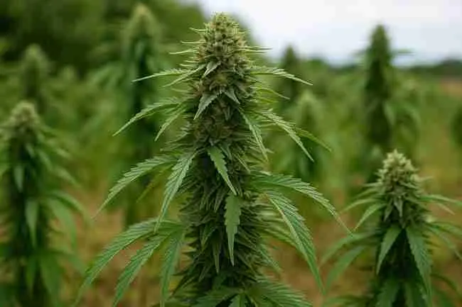 Photograph of a mature cannabis cola with frosty trichomes in an outdoor field, representing mold-resistant strain growth specifications.