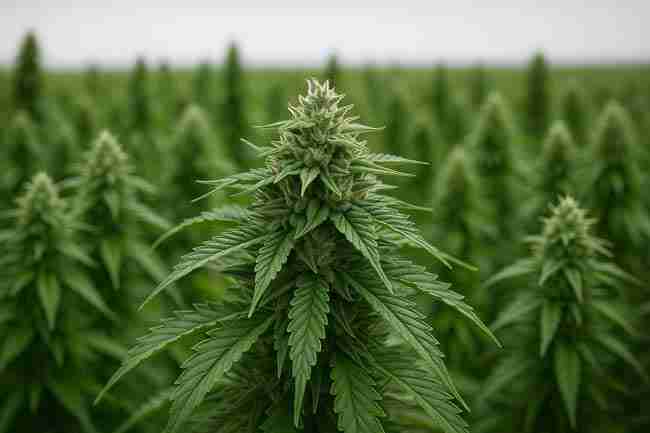 Photograph of a cannabis plant with dense, trichome-rich buds in a large outdoor field, illustrating advantages and trade-offs of mold-resistant strains.