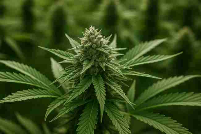 Close-up photograph of a mature cannabis bud covered in trichomes and surrounded by lush green leaves, representing daily mold-prevention care.
