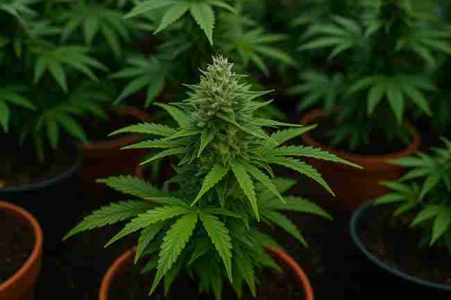 Close-up photograph of a healthy cannabis plant in a pot with dense, resin-coated buds, symbolizing selecting mold resistant cannabis seeds for growers.