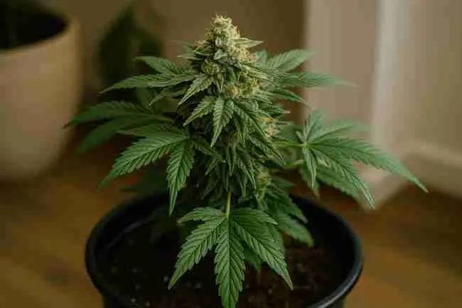 Photograph of a cannabis plant growing in a black pot with dense, resin-coated buds, representing common grower questions on mold resistant seeds.