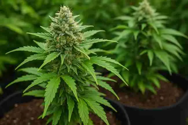Close-up photograph of a frosty cannabis bud in a garden with multiple plants in fabric pots, symbolizing steps to grow mold resistant cannabis seeds successfully.