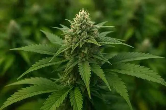 Close-up photograph of a cannabis bud covered in sparkling trichomes, surrounded by green serrated leaves, symbolizing the conclusion of mold-resistant cannabis growing tips.