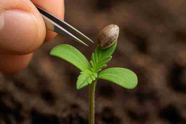 Fine-tip tweezers peeling a Marijuana Seed Hull Stuck along the natural seam