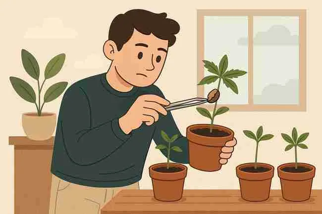 Illustration of grower removing Marijuana Seed Hull Stuck from seedling with tweezers indoors