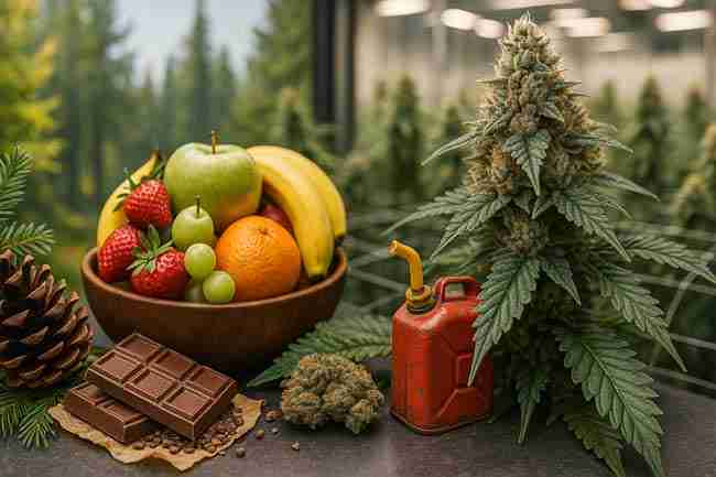 chocolate, gas, fruit, and pine cues beside a resinous cola, visualizing flavor lanes of the best terpene cannabis seeds
