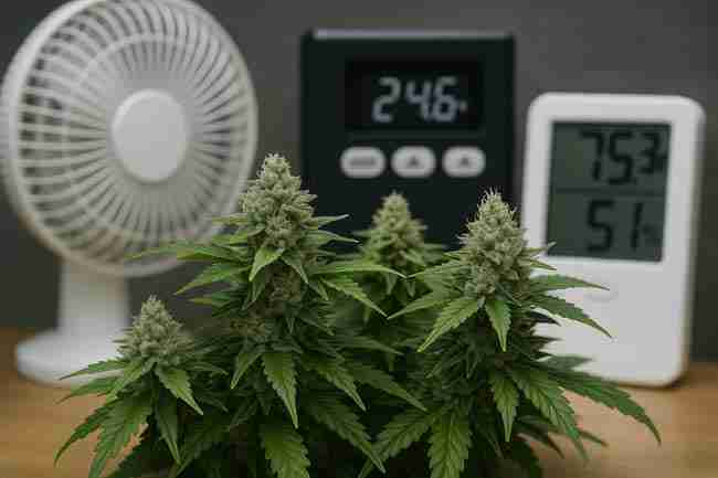 Flowering plants with fan, thermometer, and hygrometer — dialing temp and RH to protect terpenes