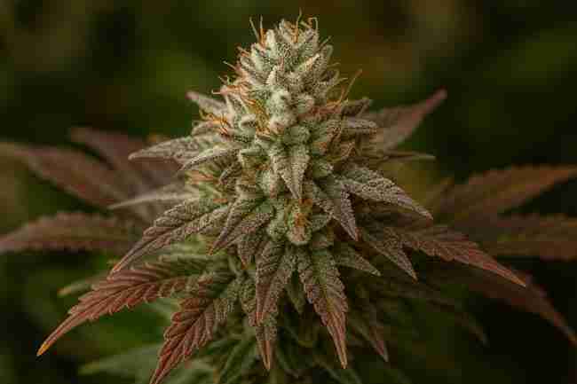 Close-up cola with frosty head and purple tips — phenotype expression in terpene-forward genetics
