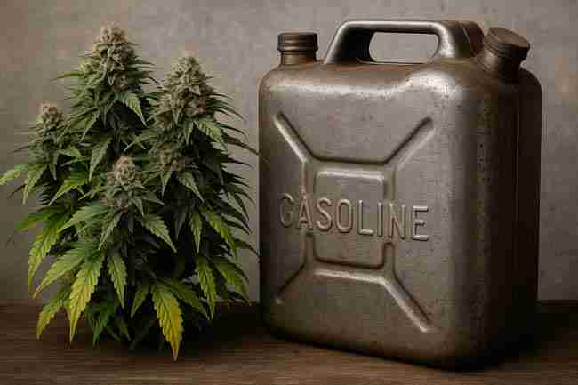 Bushy plant beside vintage metal gas can — classic diesel aroma cue from fuel-forward seeds
