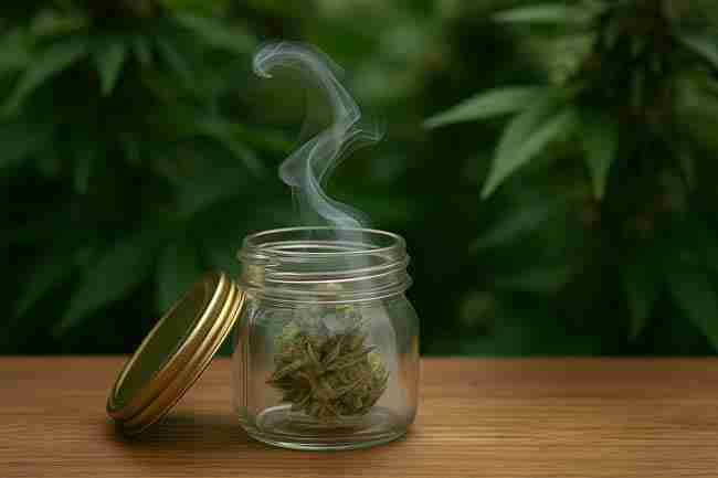 Glass jar with swirling vapor and single nug — slow dry and cure to maximize terpene retention