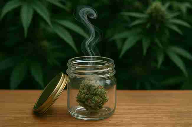Open curing jar on wood with aromatic wisp — preserving delicate terpenes from the best terpene cannabis seeds