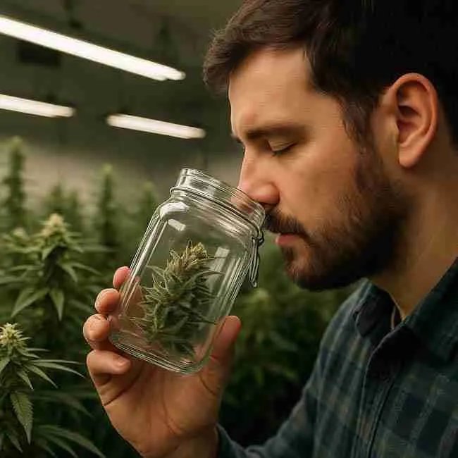 Grower smelling a curing jar in the flower room — assessing aroma before selecting terpene-forward seeds