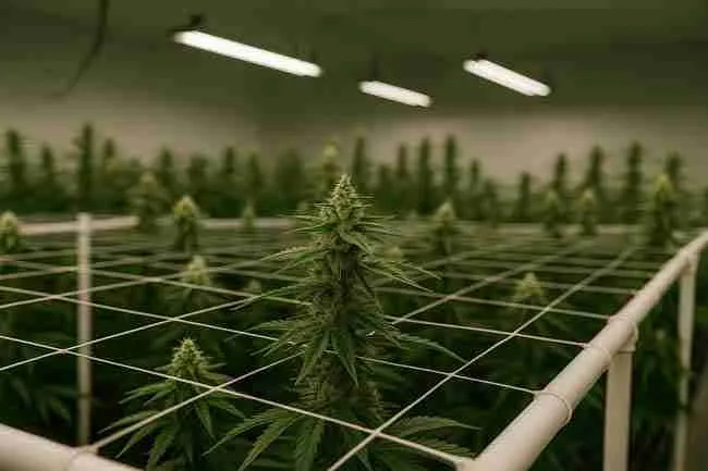 SCROG grid under LEDs with even tops — canopy control to boost terpene development

