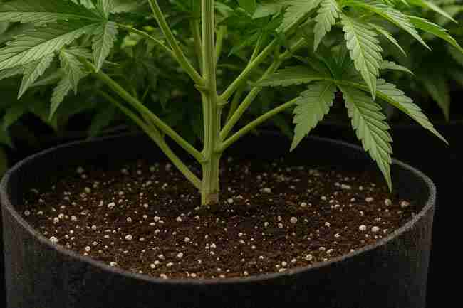 Fabric pot with airy soil and perlite, strong stem and branching — balanced nutrition for clean flavor