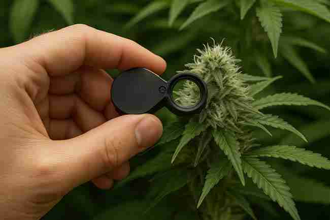 Hand with jeweler’s loupe inspecting trichomes — harvest window for peak aroma on best terpene cannabis seeds