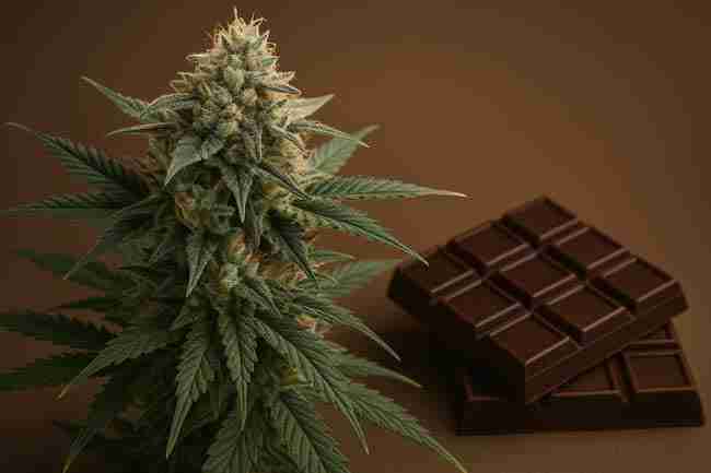 chocolate, gas, fruit, and pine cues beside a resinous cola, visualizing flavor lanes of the best terpene cannabis seeds