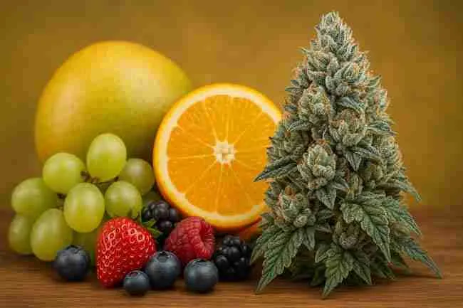Bright citrus and berries with resinous cannabis buds — fruity terpene notes for flavor hunters