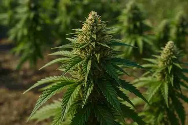 Frosty cannabis cola alongside pinecones and forest greens — terpene-forward pine aroma expression