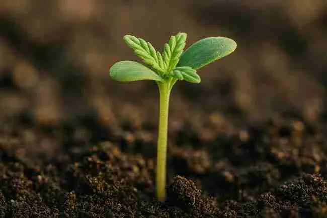 Cannabis seedling with cotyledons and first true leaves emerging from soil for cannabis seed glossary A to Z section