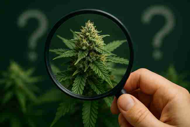 Magnifying glass inspecting frosty bud for common grow questions