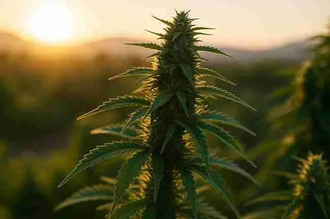 A lush cannabis plant glowing in warm sunlight, representing strains like Durban Poison and Amnesia Haze that thrive in hot, sunny environments.