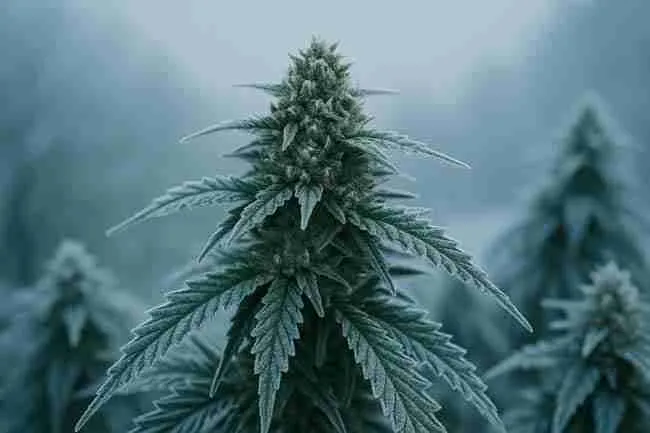 A frosty cannabis plant with visible trichomes and icy leaves in a misty outdoor setting, showcasing the best cannabis strains for cold climates like Northern Lights.