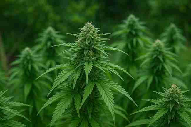 A vibrant outdoor cannabis garden captured under soft daylight, illustrating growing tips for maximizing plant health in hot and cold climates.