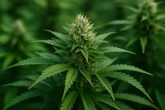 A dense, mature cannabis bud covered in sparkling trichomes, framed by fan leaves, highlighting the best cannabis strains for different regions around the world.