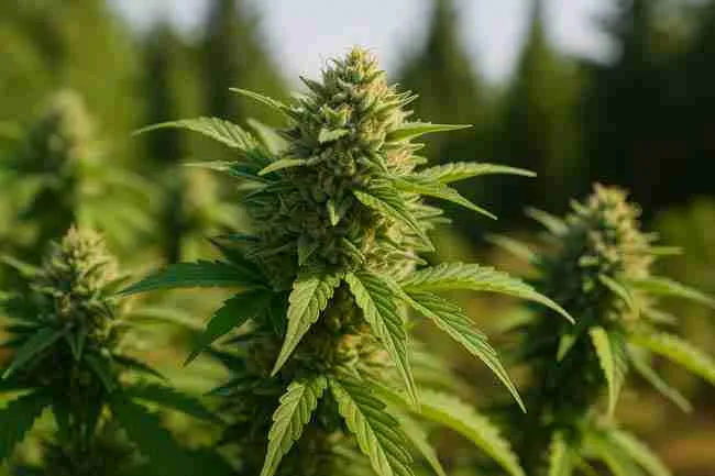 Close-up of a thriving cannabis plant with rich green leaves and crystal-coated buds, visually balancing the advantages and challenges of growing strains based on climate.