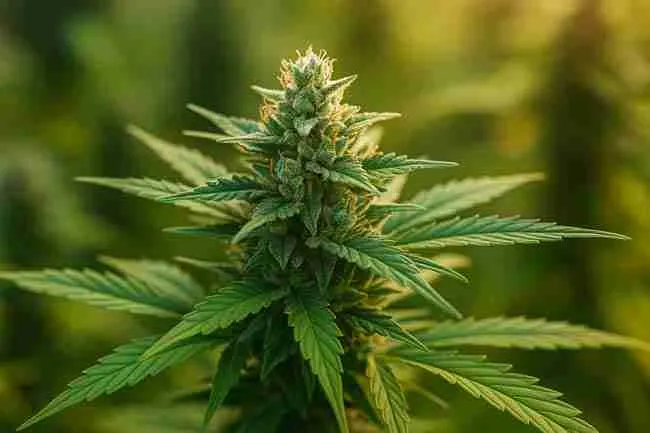A resin-heavy cannabis bud surrounded by healthy green foliage, used to visually represent common questions about choosing the best cannabis strains for your environment.