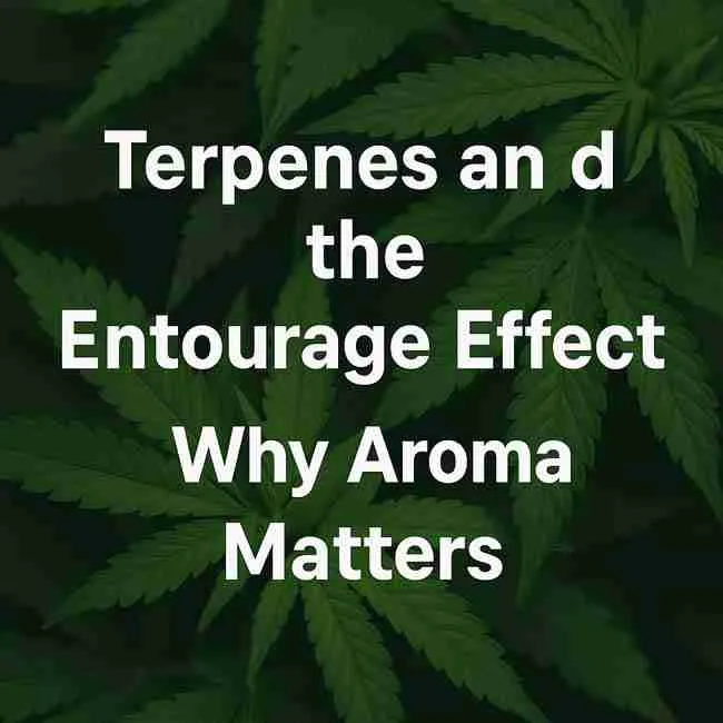 Terpenes and the Entourage Effect article cover with lush cannabis leaves in background representing aroma importance in cannabis cultivation.