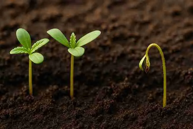 Vibrant seedling thriving in a fabric pot versus a smaller stressed plant in a plastic pot