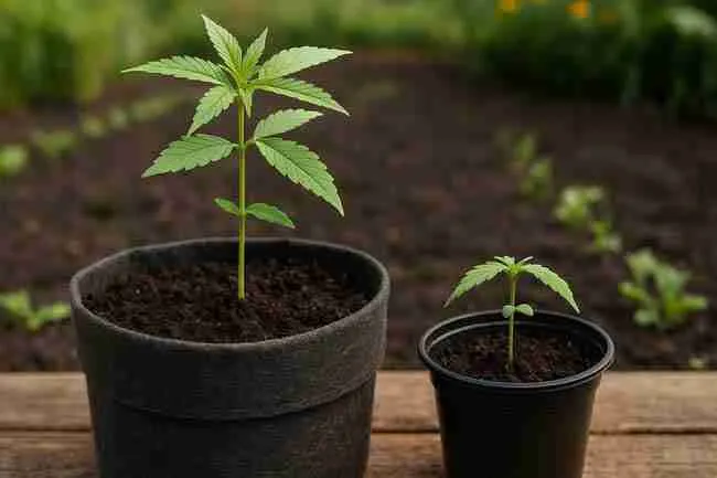 Vibrant seedling thriving in a fabric pot versus a smaller stressed plant in a plastic pot
