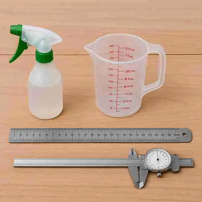 pH pen, ruler, measuring cup, and spray bottle neatly laid out for seed-care metrics