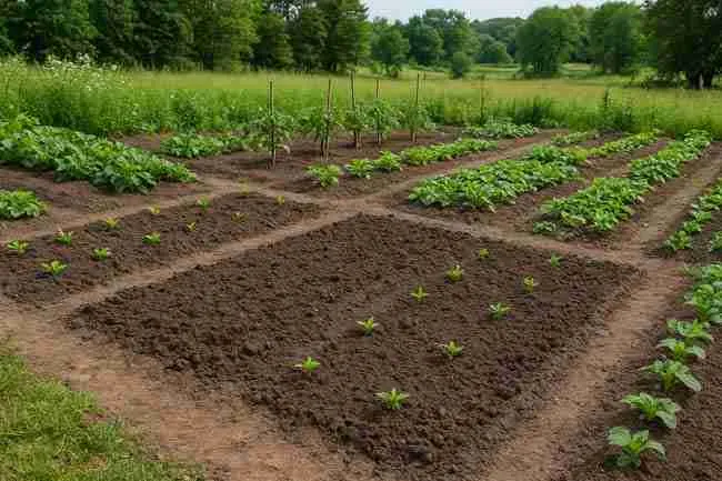 Rural vegetable plot showing hidden cannabis seedlings among tomato rows